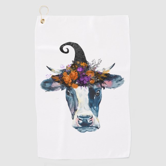 Cow Black White Halloween Witch Golf Towel (Front)