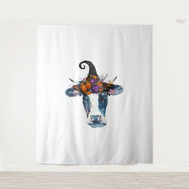 Cow Black White Halloween Witch Tapestry (Front)