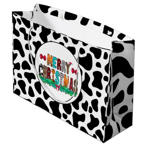 Cow Black White Patches Merry Christmas Large Gift Bag