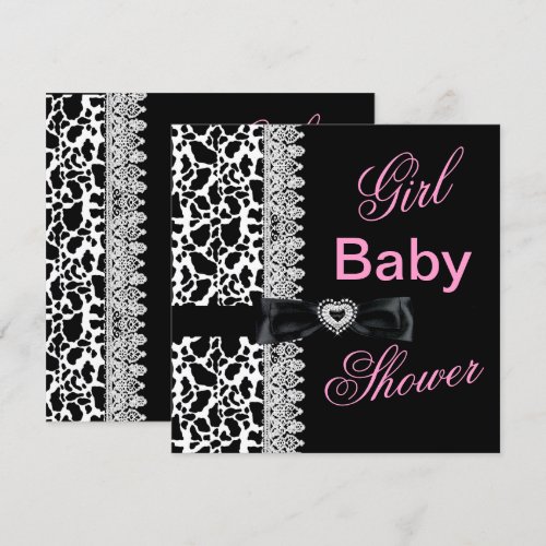 Cow black white Pink Girl Baby Shower Lace Personalized Invitations