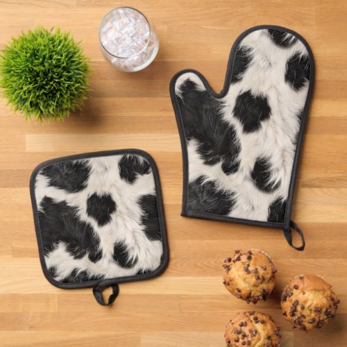 Cow Black White Spots Fur Oven Mitt  Pot Holder Set