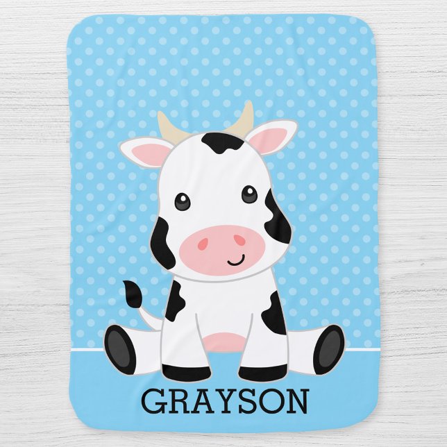 Cow Blue Polka Dot Personalized Boy Baby Blanket (Creator Uploaded)