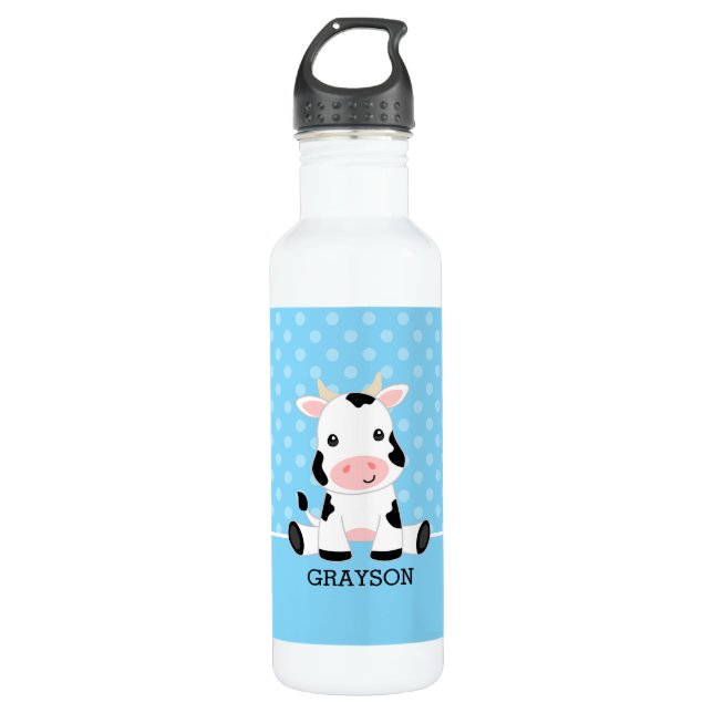 Cow Blue Polka Dot Personalized Boy Stainless Steel Water Bottle (Front)