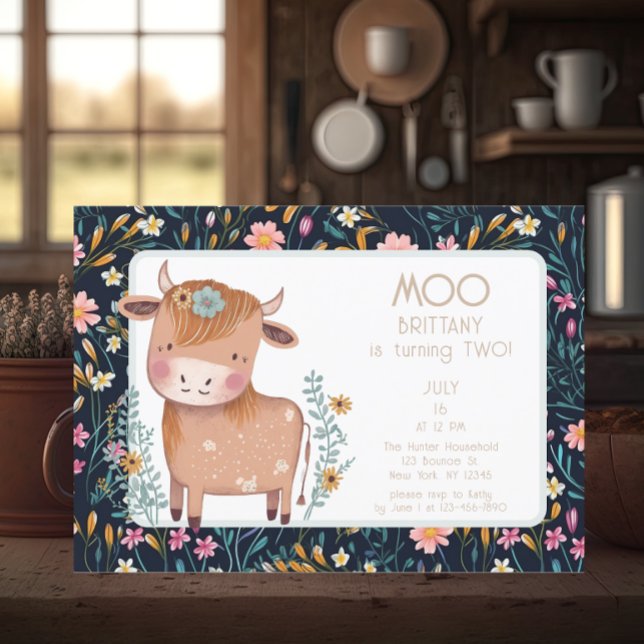 Cow Boho Floral Second Birthday Invitation (Creator Uploaded)