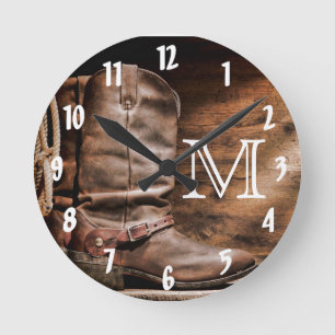 Cow Boy Boots Spur Cou Monogram Initial Wall Clock