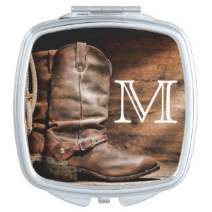 Cow Boy Boots Spur Country Monogram Compact Mirror