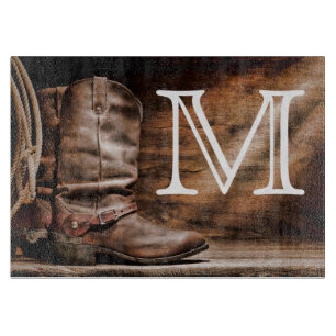 Cow Boy Boots Spur Monogram Glass Cutting Board
