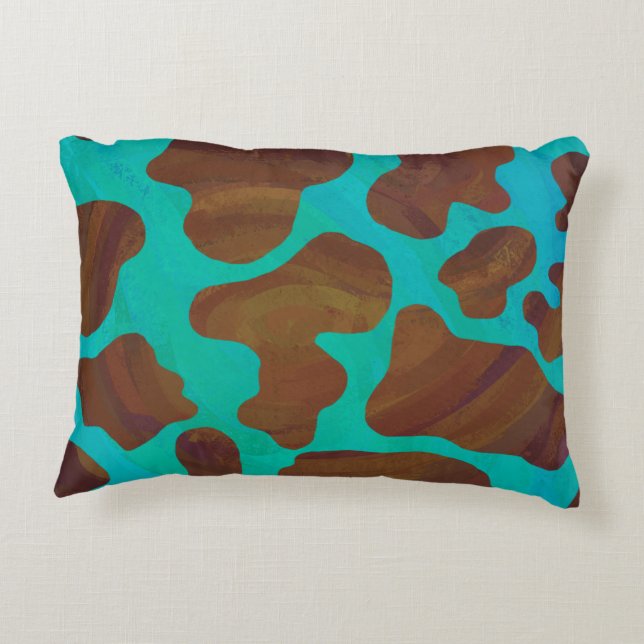 Cow Brown and Teal Print Accent Pillow (Back)