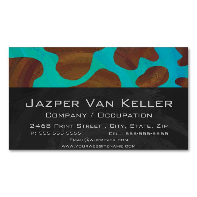 Cow Brown and Teal Print Business Card Magnet (Front)