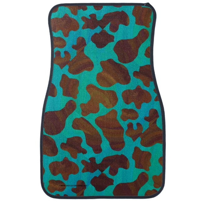 Cow Brown and Teal Print Car Floor Mat (Front)