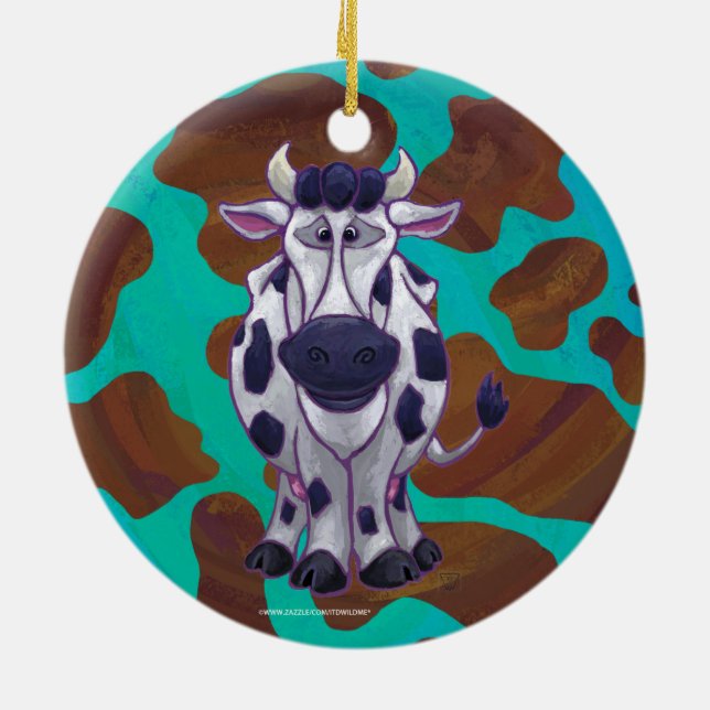 Cow Brown and Teal Print Ceramic Ornament (Back)