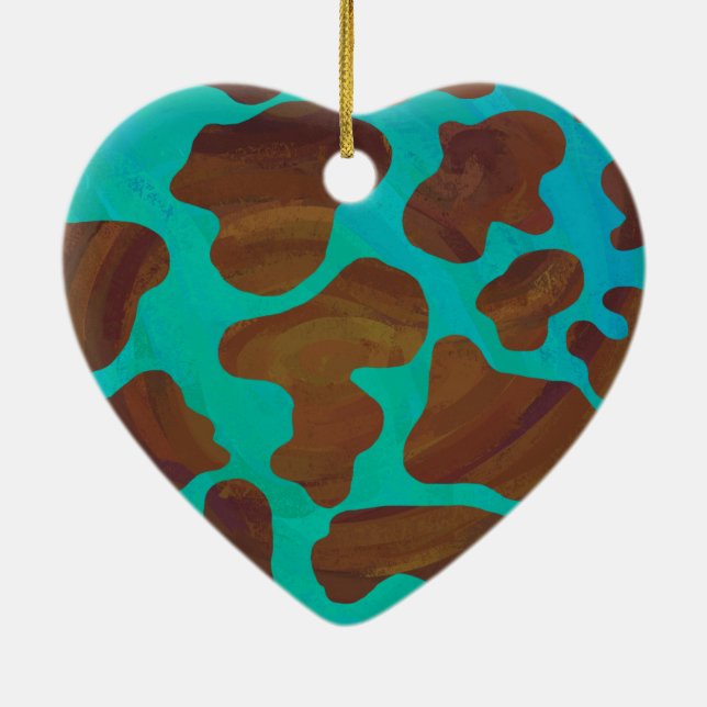 Cow Brown and Teal Print Ceramic Ornament (Back)
