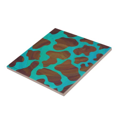 Cow Brown and Teal Print Ceramic Tile