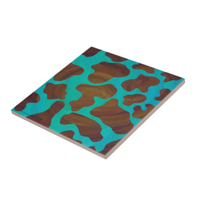 Cow Brown and Teal Print Ceramic Tile (Side)