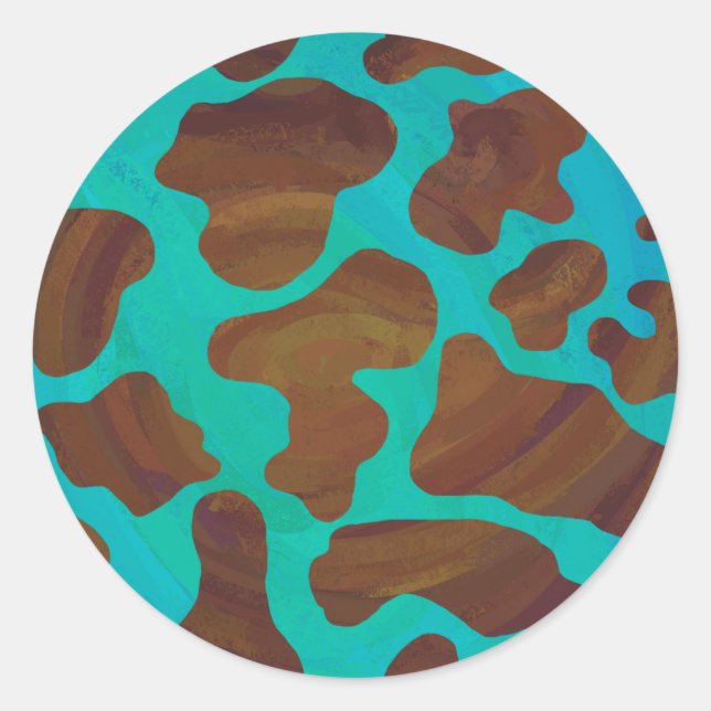 Cow Brown and Teal Print Classic Round Sticker (Front)