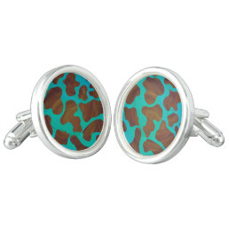 Cow Brown and Teal Print Cufflinks