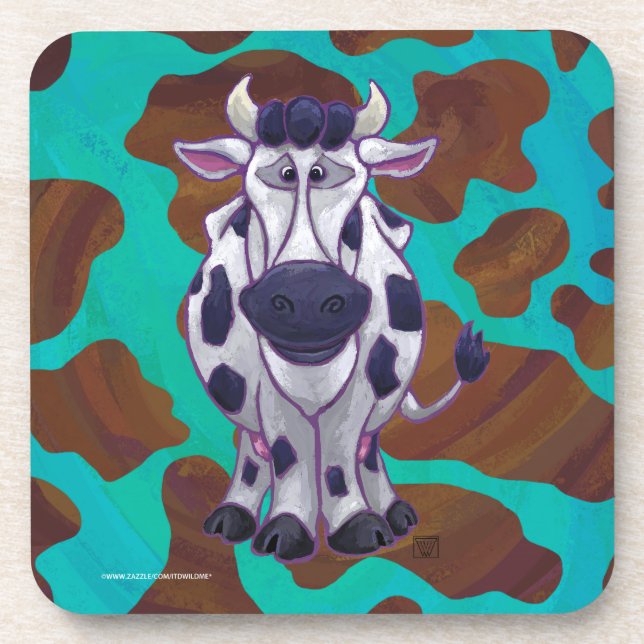 Cow Brown and Teal Print Drink Coaster (Front)