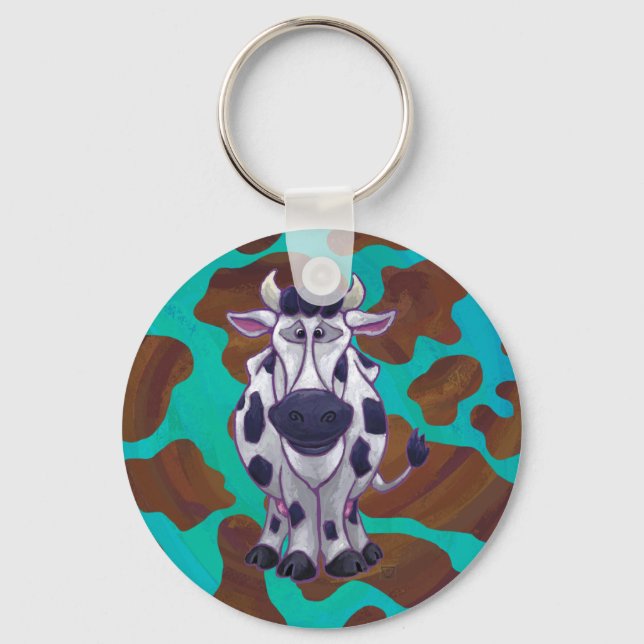 Cow Brown and Teal Print Keychain (Front)