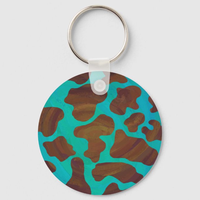 Cow Brown and Teal Print Keychain (Front)