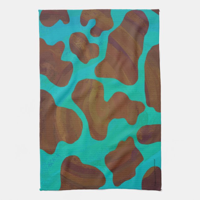 Cow Brown and Teal Print Kitchen Towel (Vertical)