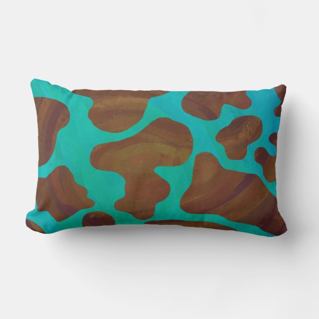Cow Brown and Teal Print Lumbar Pillow (Front)