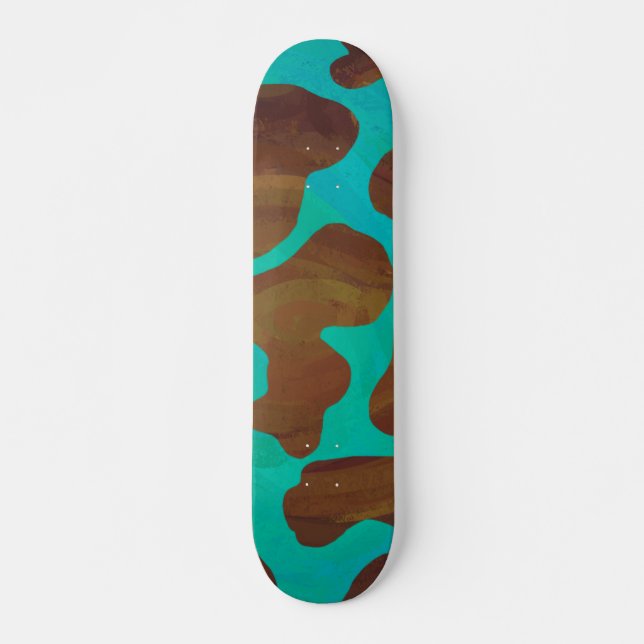Cow Brown and Teal Print Skateboard Deck (Front)