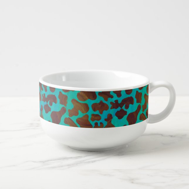 Cow Brown and Teal Print Soup Mug (Left)