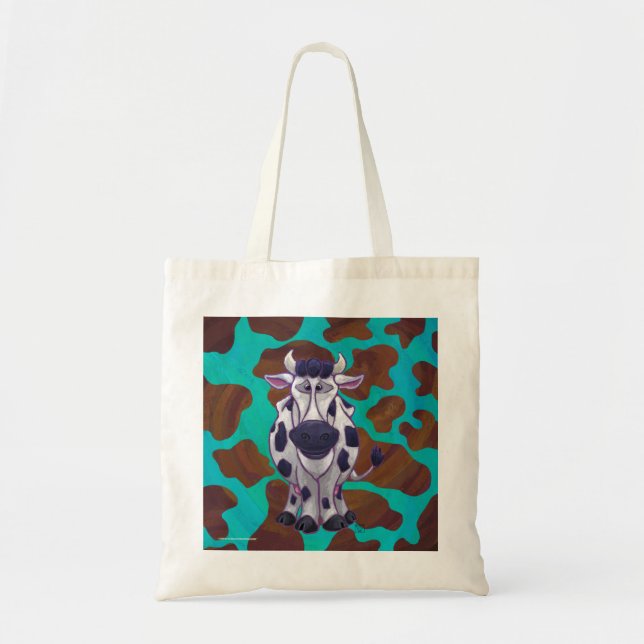 Cow Brown and Teal Print Tote Bag (Front)