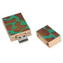 Cow Brown and Teal Print Wood USB Flash Drive