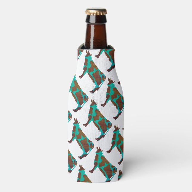 Cow Brown and Teal Silhouette Bottle Cooler (Bottle Front)