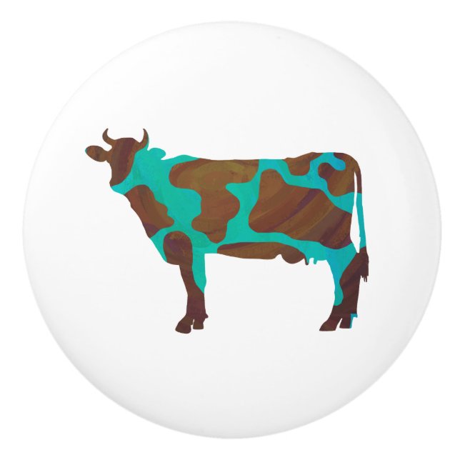 Cow Brown and Teal Silhouette Ceramic Knob (Front)