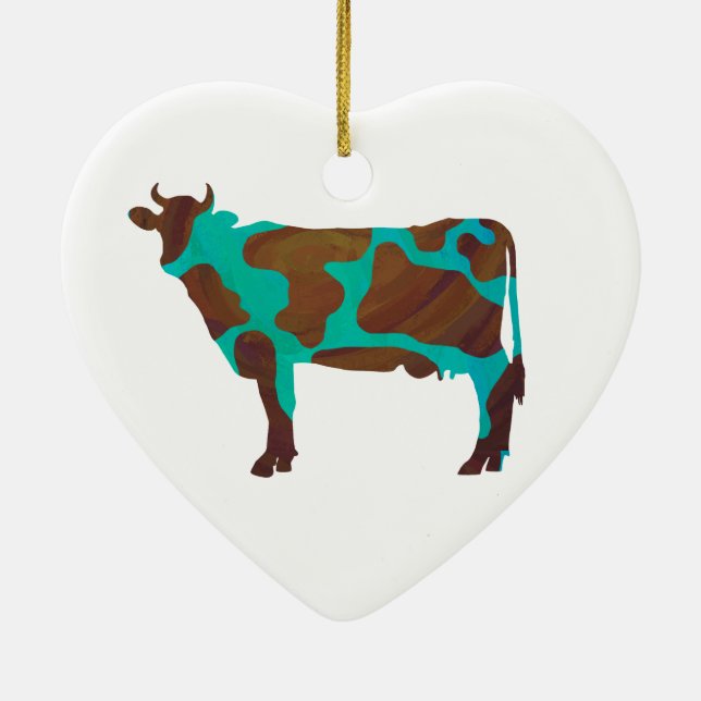 Cow Brown and Teal Silhouette Ceramic Ornament (Back)