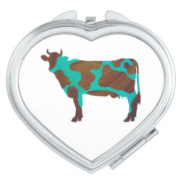 Cow Brown and Teal Silhouette Compact Mirror