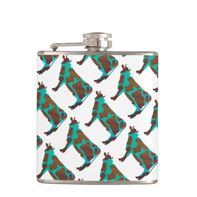 Cow Brown and Teal Silhouette Flask (Front)