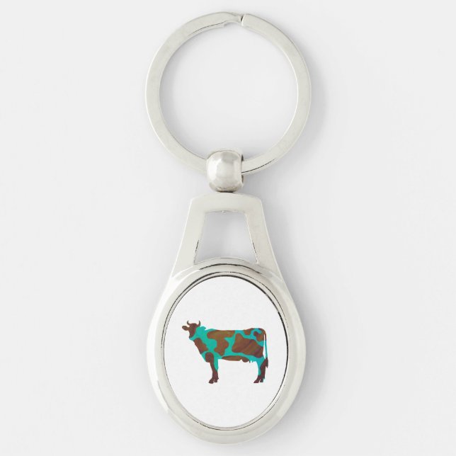 Cow Brown and Teal Silhouette Keychain (Front)