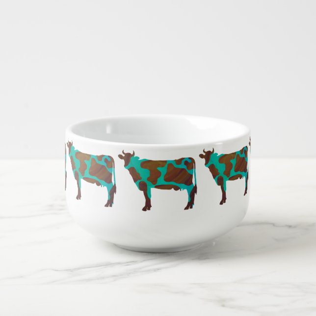Cow Brown and Teal Silhouette Soup Mug (Front)
