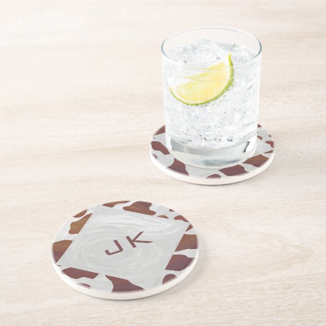 Cow Brown and White Monogram Drink Coaster (Side)