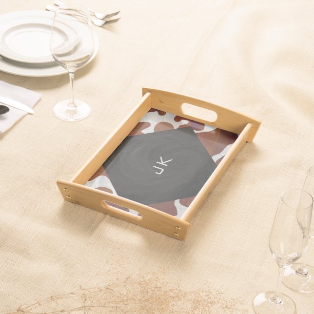 Cow Brown and White Monogram Serving Tray (Front)