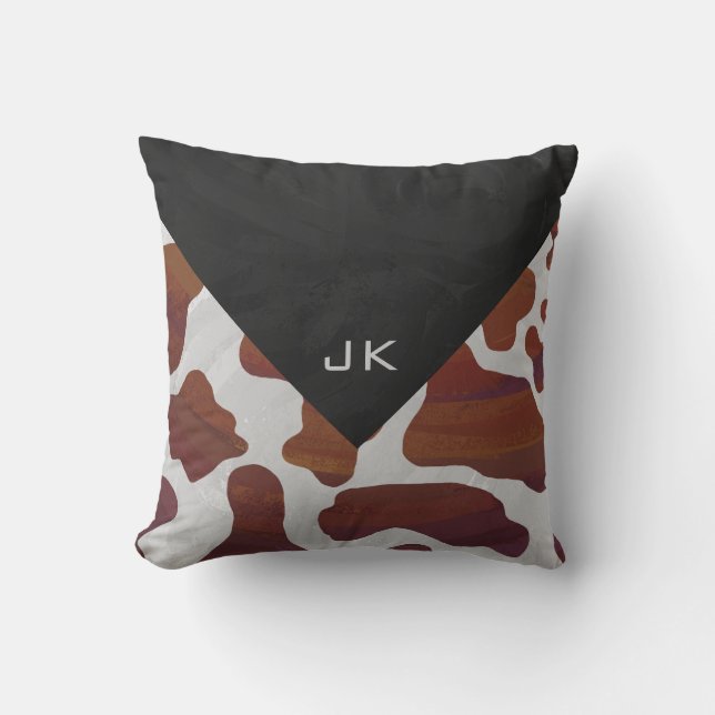 Cow Brown and White Monogram Throw Pillow (Front)