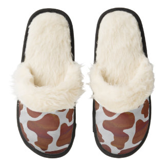 Cow Brown and White Print Pair Of Fuzzy Slippers