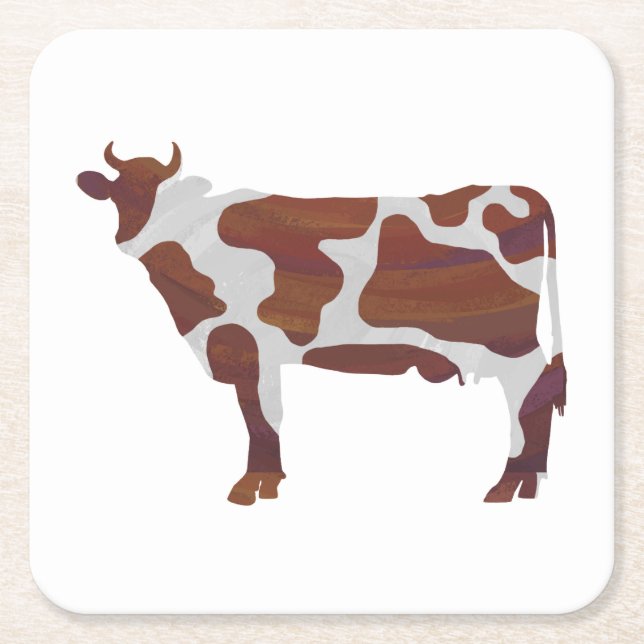 Cow Brown and White Silhouette Square Paper Coaster (Front)