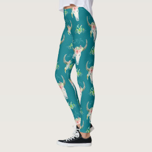 Cow Buffalo Skull Boho Bohemian Cactus Desert Art Leggings