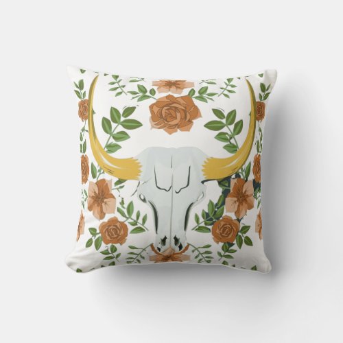 Cow Bull Skull and Sunflowers Pattern Flowers  Throw Pillow