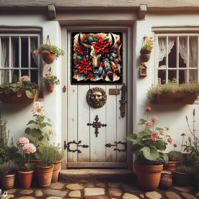 Cow Bull Skull Feathers Poinsettias Southwest Window Cling (Creator Uploaded)