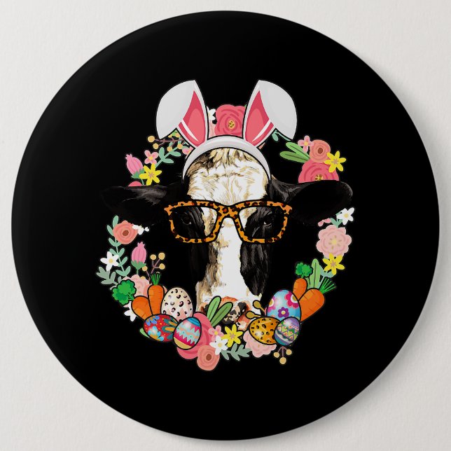 Cow Bunny Ears Happy Easter Farming Farmer Button (Front)