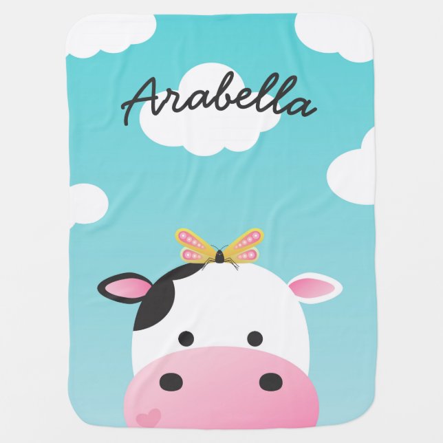 Cow & Butterfly BFFs Custom Name Swaddle Blanket (Front)