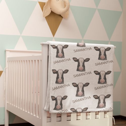 Cow Calf Baby Watercolor Black White Spots Name Baby Blanket