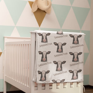 Cow Calf Baby Watercolor Black White Spots Name Blanket