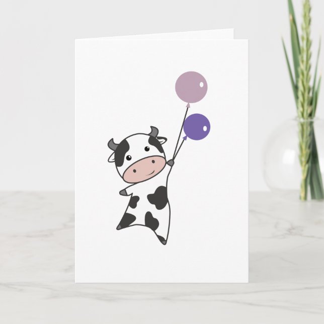 Cow Calf Flies Balloons Cute Animals Card (Front)