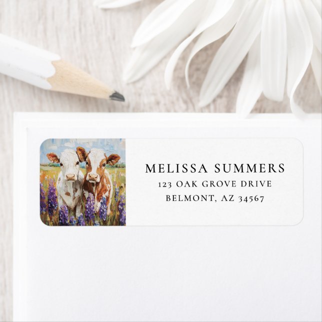 Cow Calves Lupine Flowers Farm Art Label (Insitu)
